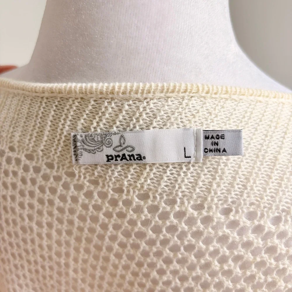 Prana Open Knit Sweater Large Boho Cream Asymmetrical Hem Mesh Crochet Pullover